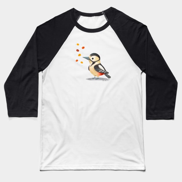 Great Spotted Woodpecker with fall leaves Baseball T-Shirt by julianamotzko